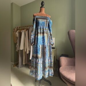 Blue and White Off-Shoulder Bishop Sleeve Sundress